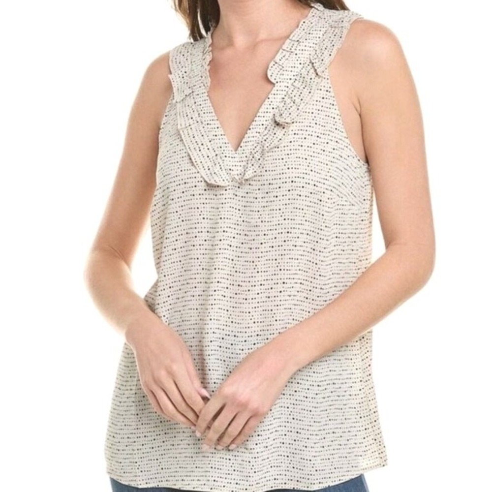 Cabi Polka Dot Tank Top‎ Size S Cream Ruffle V-Neck Sleeveless Blouse Loose Fit
